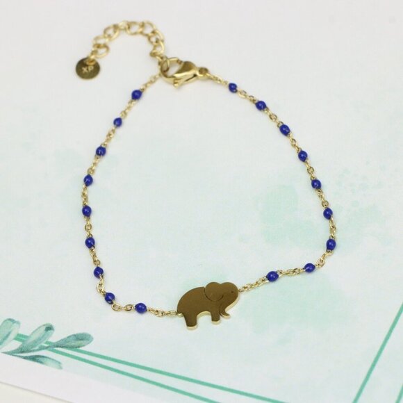 Charming Yellow Gold Plated Elephant Bracelet with Blue Beads, XPBL0621 - Picture 2 of 11